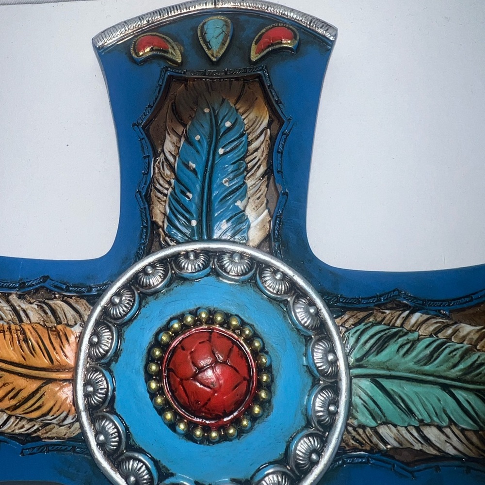 Southwest Native Indian Wall Cross Turquoise Feather Design Hand-Painted Navajo - Picture 8 of 16
